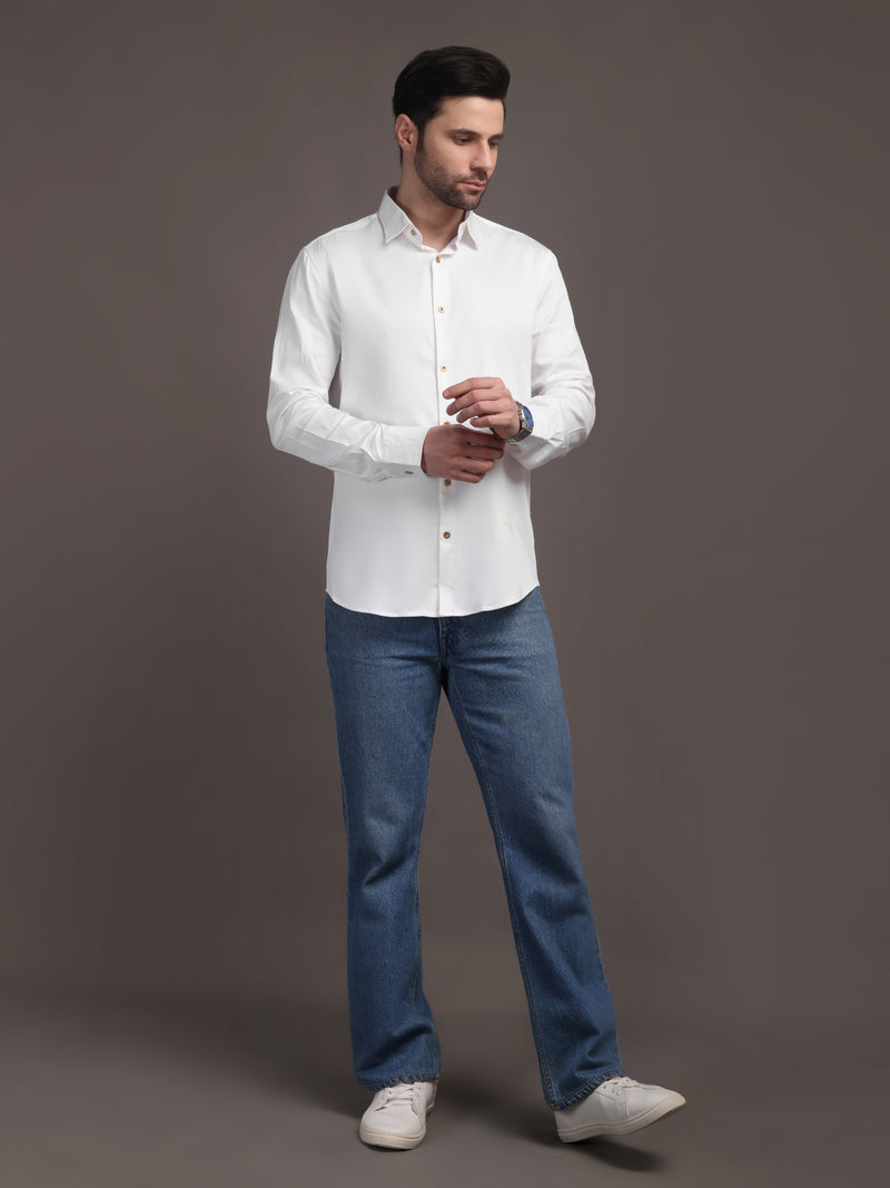 Milky White Plain Poly Satin Lycra Shirt with Copper Metal Button - Premium, Unbreakable button