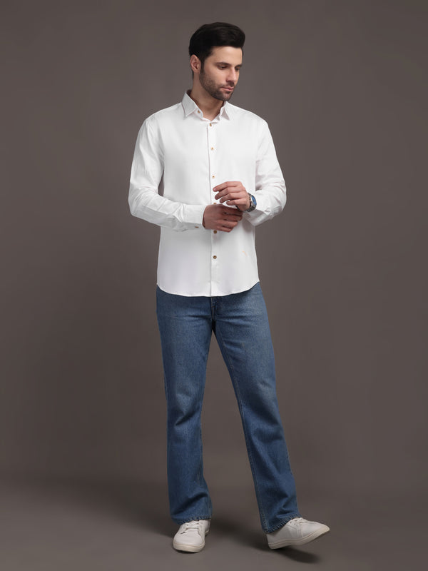 Milky White Plain Poly Satin Lycra Shirt with Copper Metal Button - Premium, Unbreakable button