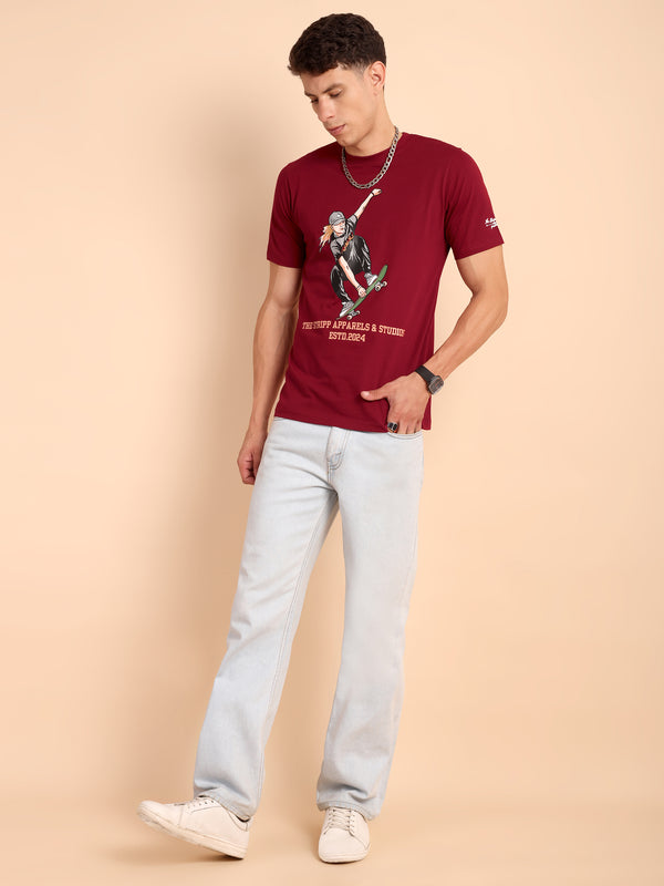 BURGUNDY MAROON, IMPORTED COTTON BIO WASHED-FEEL SOFT CREW NECK T SHIRT