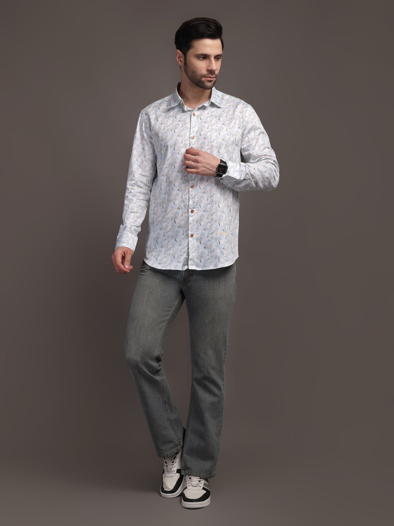 Whitish Blue Printed Bulgari Satin Discharge Shirt with Copper Metal Button - Premium, Unbreakable button