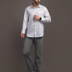 Whitish Blue Printed Bulgari Satin Discharge Shirt with Copper Metal Button - Premium, Unbreakable button