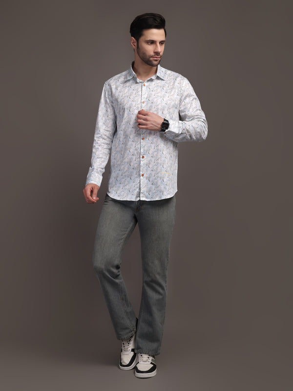 Whitish Blue Printed Bulgari Satin Discharge Shirt with Copper Metal Button - Premium, Unbreakable button
