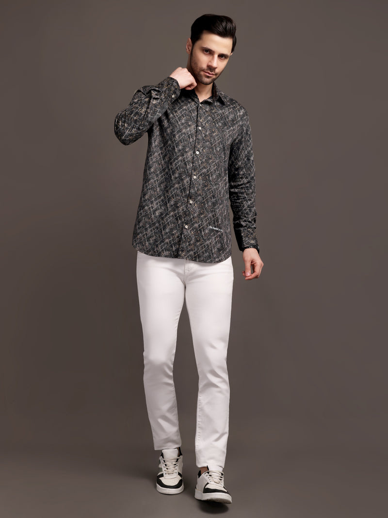 Metal Black Printed Bulgari Satin Discharge Shirt with Metal Button - Premium