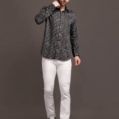 Metal Black Printed Bulgari Satin Discharge Shirt with Metal Button - Premium