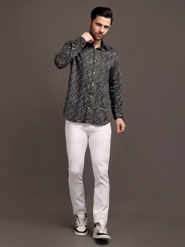 Metal Black Printed Bulgari Satin Discharge Shirt with Metal Button - Premium