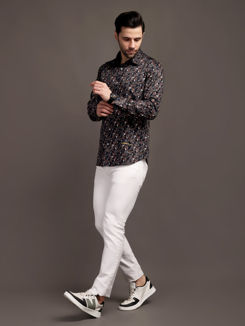 Cocoa Black and Brown Printed Bulgari Satin Discharge Shirt with Metal Button - Premium