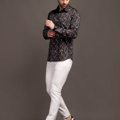 Cocoa Black and Brown Printed Bulgari Satin Discharge Shirt with Metal Button - Premium
