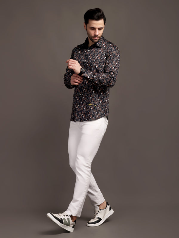 Cocoa Black and Brown Printed Bulgari Satin Discharge Shirt with Metal Button - Premium