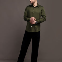 Army Green Plain Poly Satin Lycra Shirt with Silver Metal Button - Premium, Unbreakable button