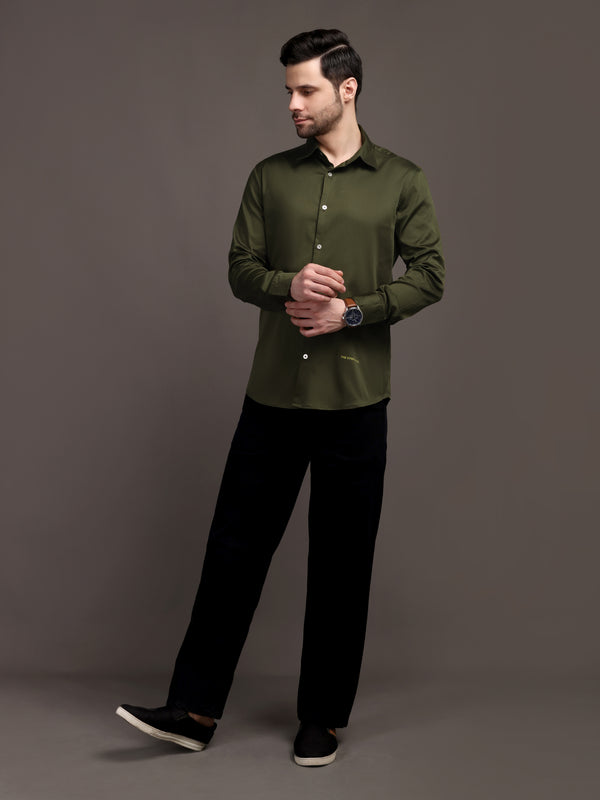 Army Green Plain Poly Satin Lycra Shirt with Silver Metal Button - Premium, Unbreakable button