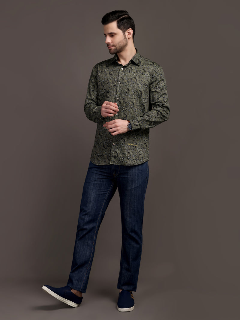 Mehendi/Sea Green Printed Bulgari Satin Discharge Shirt with Metal Button - Premium