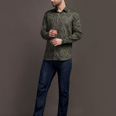 Mehendi/Sea Green Printed Bulgari Satin Discharge Shirt with Metal Button - Premium
