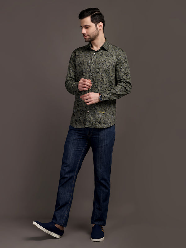 Mehendi/Sea Green Printed Bulgari Satin Discharge Shirt with Metal Button - Premium