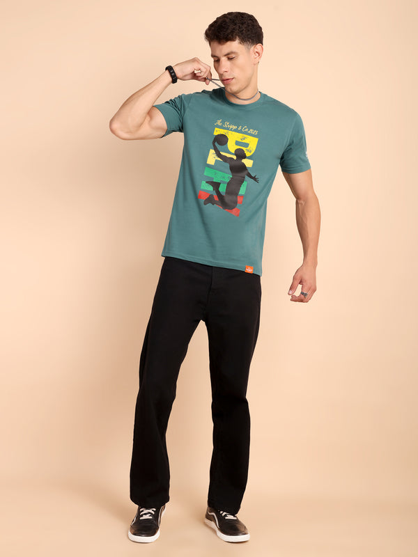 STEEL SEA GREEN, IMPORTED COTTON BIO WASHED-FEEL SOFT CREW NECK T SHIRT