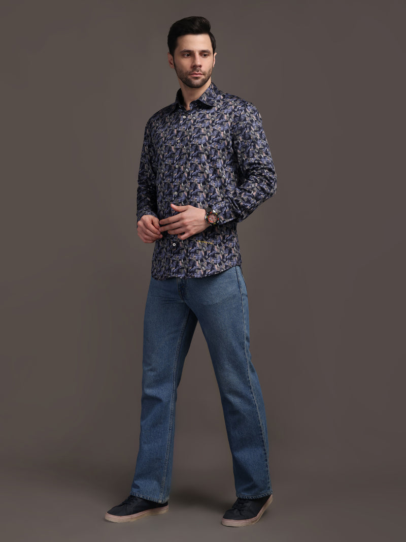 Berry Violet & Shiny Black Printed Printed Bulgari Satin Discharge Shirt with Metal Button - Premium