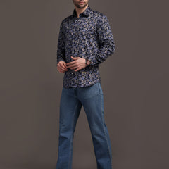Berry Violet & Shiny Black Printed Printed Bulgari Satin Discharge Shirt with Metal Button - Premium