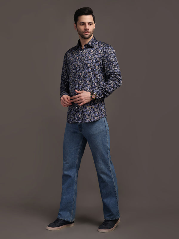 Berry Violet & Shiny Black Printed Printed Bulgari Satin Discharge Shirt with Metal Button - Premium