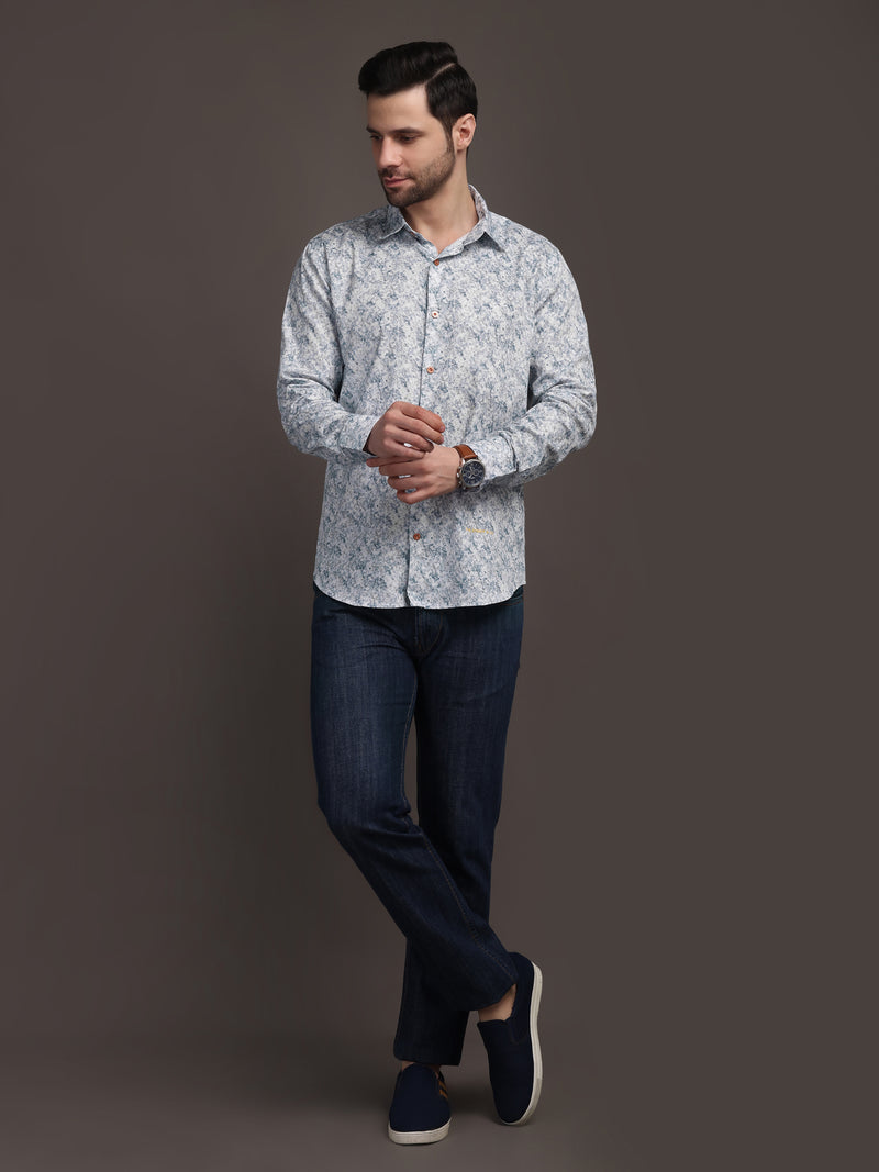 Heaven Blue & White Printed Bulgari Satin Discharge Shirt with Copper Metal Button - Premium