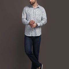 Heaven Blue & White Printed Bulgari Satin Discharge Shirt with Copper Metal Button - Premium
