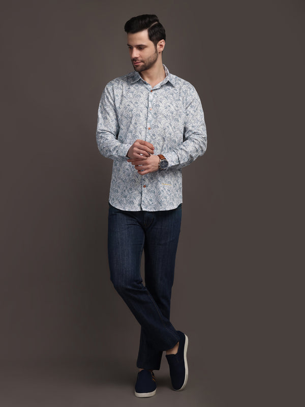 Heaven Blue & White Printed Bulgari Satin Discharge Shirt with Copper Metal Button - Premium