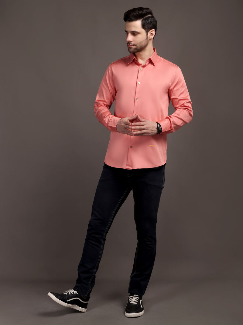 Veromoda Peach Plain Poly Satin Lycra Shirt with Gold Metal Button - Premium, Unbreakable button