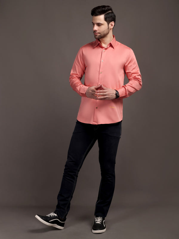 Veromoda Peach Plain Poly Satin Lycra Shirt with Gold Metal Button - Premium, Unbreakable button