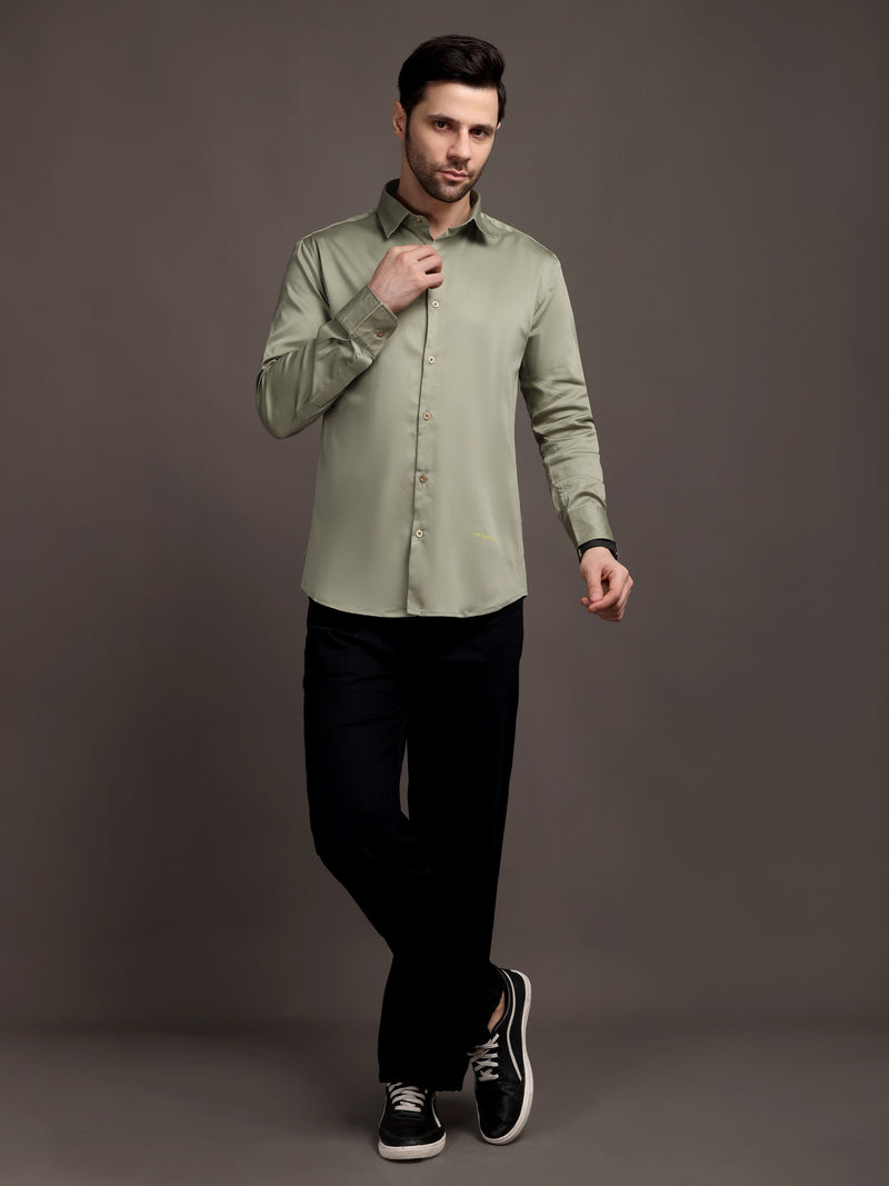 Light Olive Green Color Plain Poly Satin Lycra Shirt with Gold Metal Button - Premium, Unbreakable button