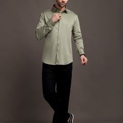 Light Olive Green Color Plain Poly Satin Lycra Shirt with Gold Metal Button - Premium, Unbreakable button