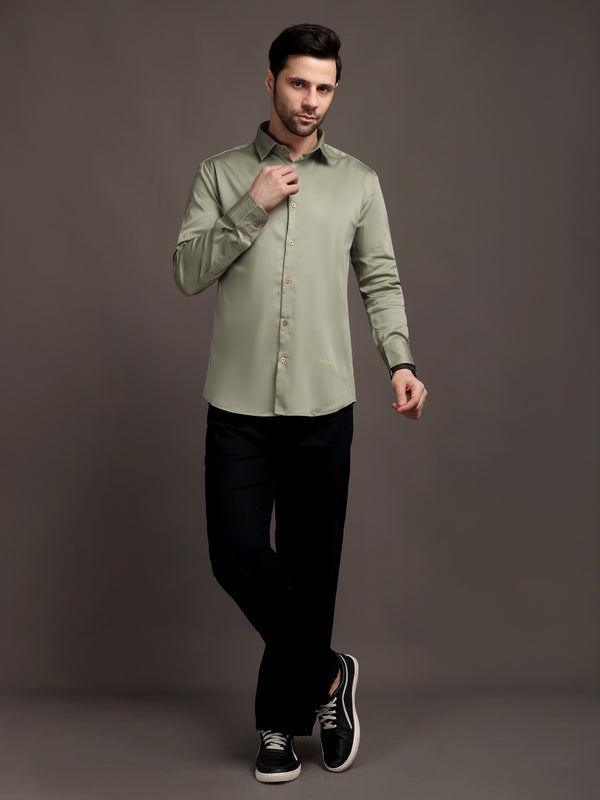 Light Olive Green Color Plain Poly Satin Lycra Shirt with Gold Metal Button - Premium, Unbreakable button
