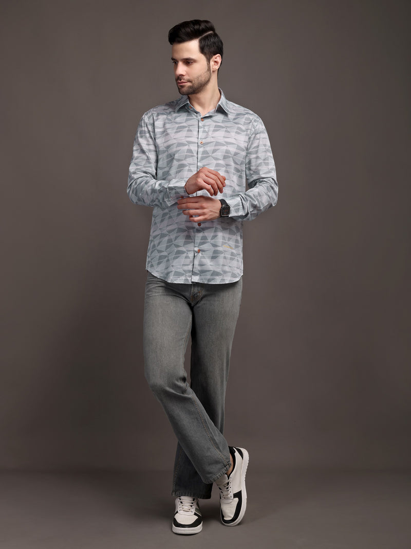 Grey Strippes Bulgari Satin Discharge Shirt with Copper Metal Button-Premium
