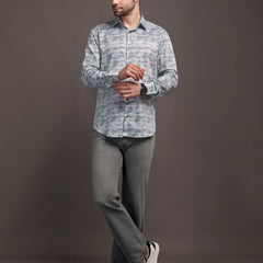 Grey Strippes Bulgari Satin Discharge Shirt with Copper Metal Button-Premium