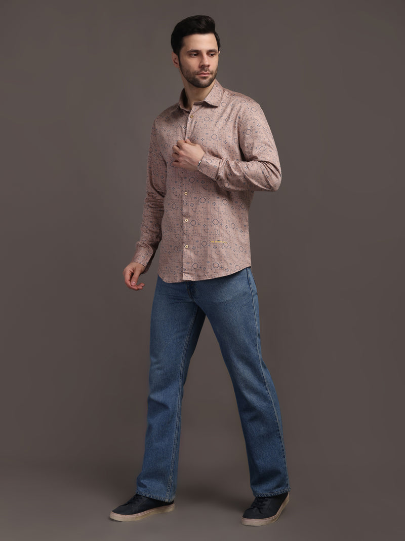 Peach Veromoda Printed Bulgari Satin Discharge Shirt with Copper Metal Button - Premium