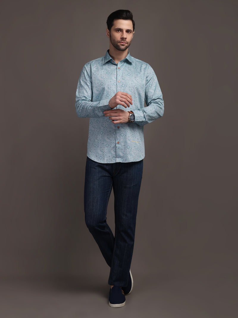 Sky Blue Printed Bulgari Satin Discharge Shirt with Metal Button - Premium