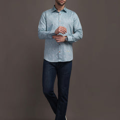 Sky Blue Printed Bulgari Satin Discharge Shirt with Metal Button - Premium