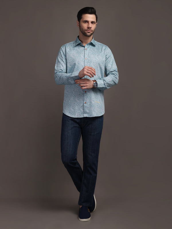 Sky Blue Printed Bulgari Satin Discharge Shirt with Metal Button - Premium