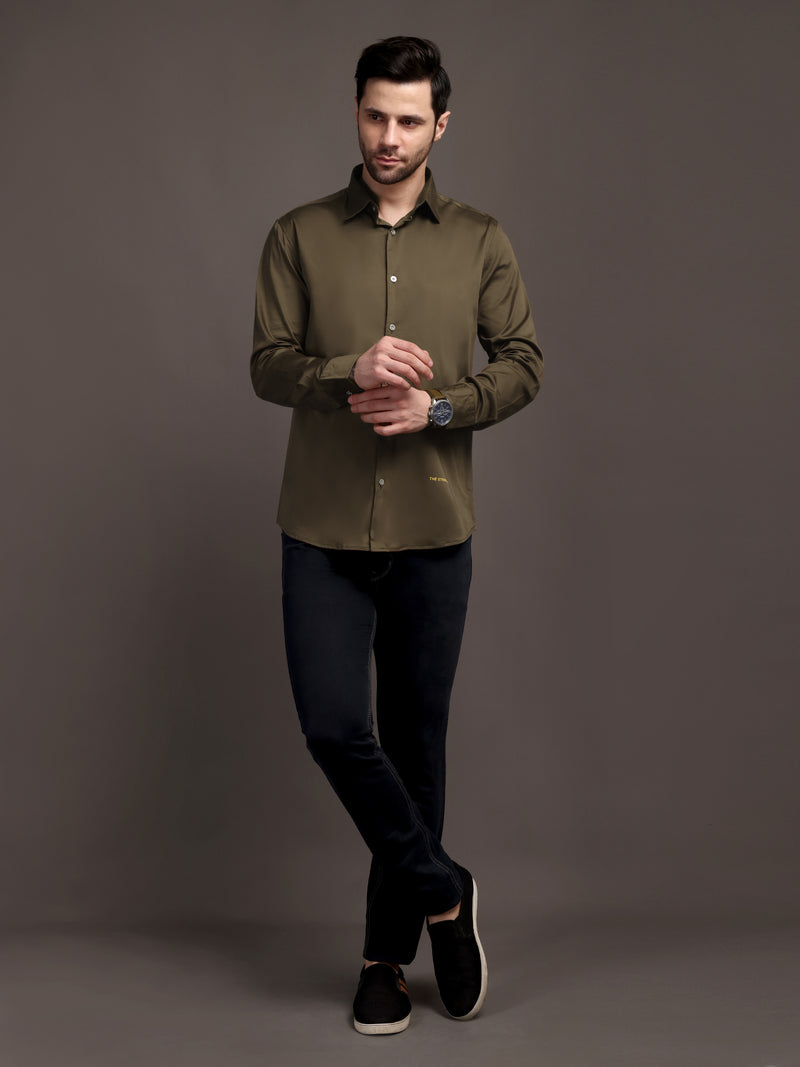 Mehendi Green Plain Poly Satin Lycra Shirt with Silver Metal Button - Premium, Unbreakable button
