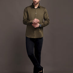 Mehendi Green Plain Poly Satin Lycra Shirt with Silver Metal Button - Premium, Unbreakable button