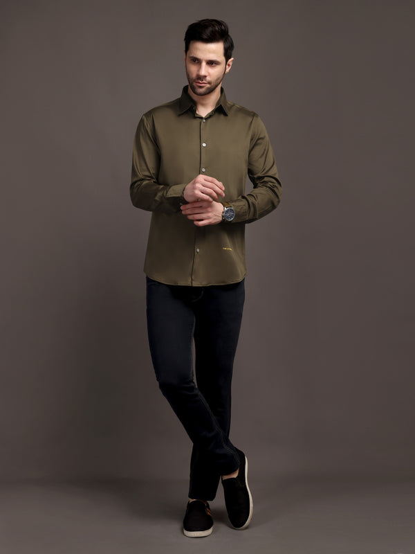Mehendi Green Plain Poly Satin Lycra Shirt with Silver Metal Button - Premium, Unbreakable button