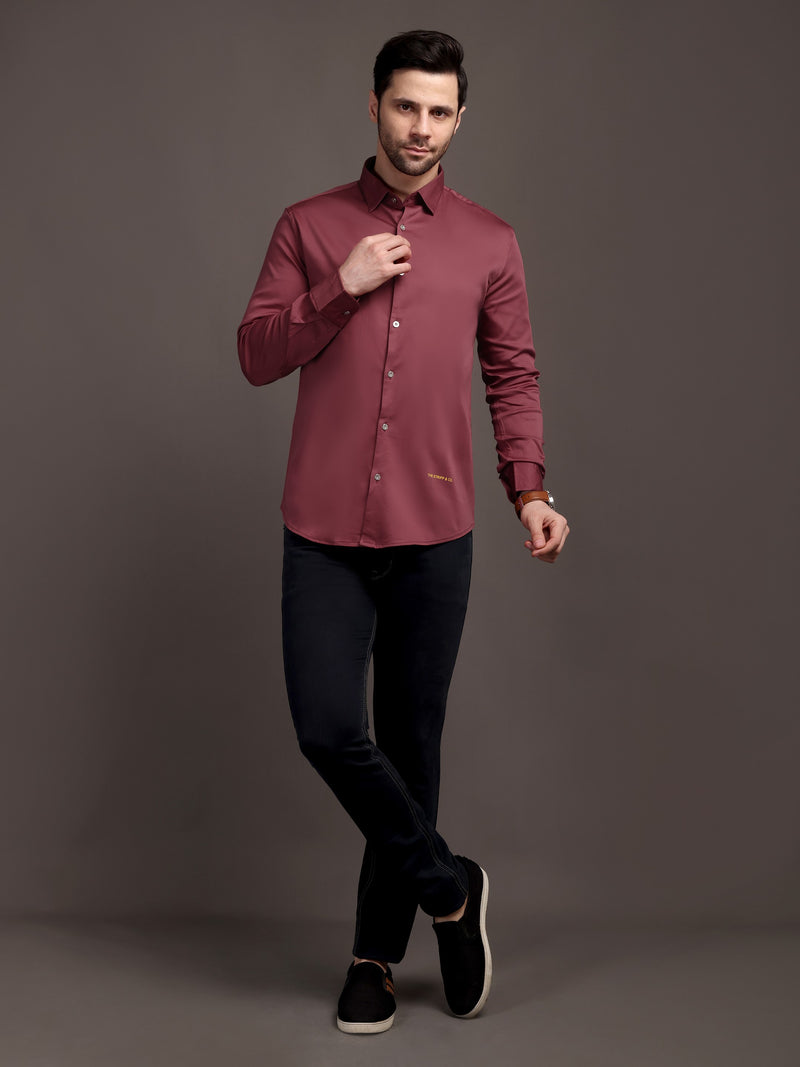 Dark Magenta Pink Plain Poly Satin Lycra Shirt with Silver Metal Button - Premium, Unbreakable button
