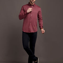 Dark Magenta Pink Plain Poly Satin Lycra Shirt with Silver Metal Button - Premium, Unbreakable button