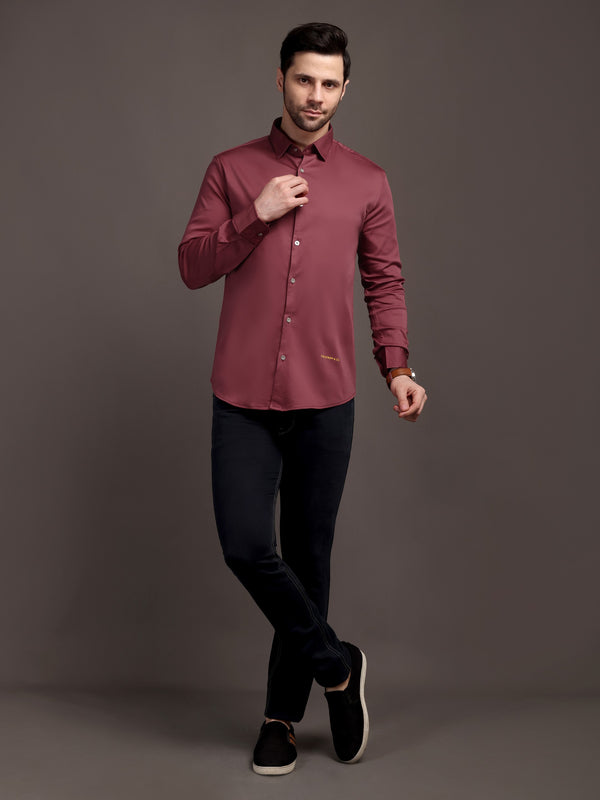 Dark Magenta Pink Plain Poly Satin Lycra Shirt with Silver Metal Button - Premium, Unbreakable button