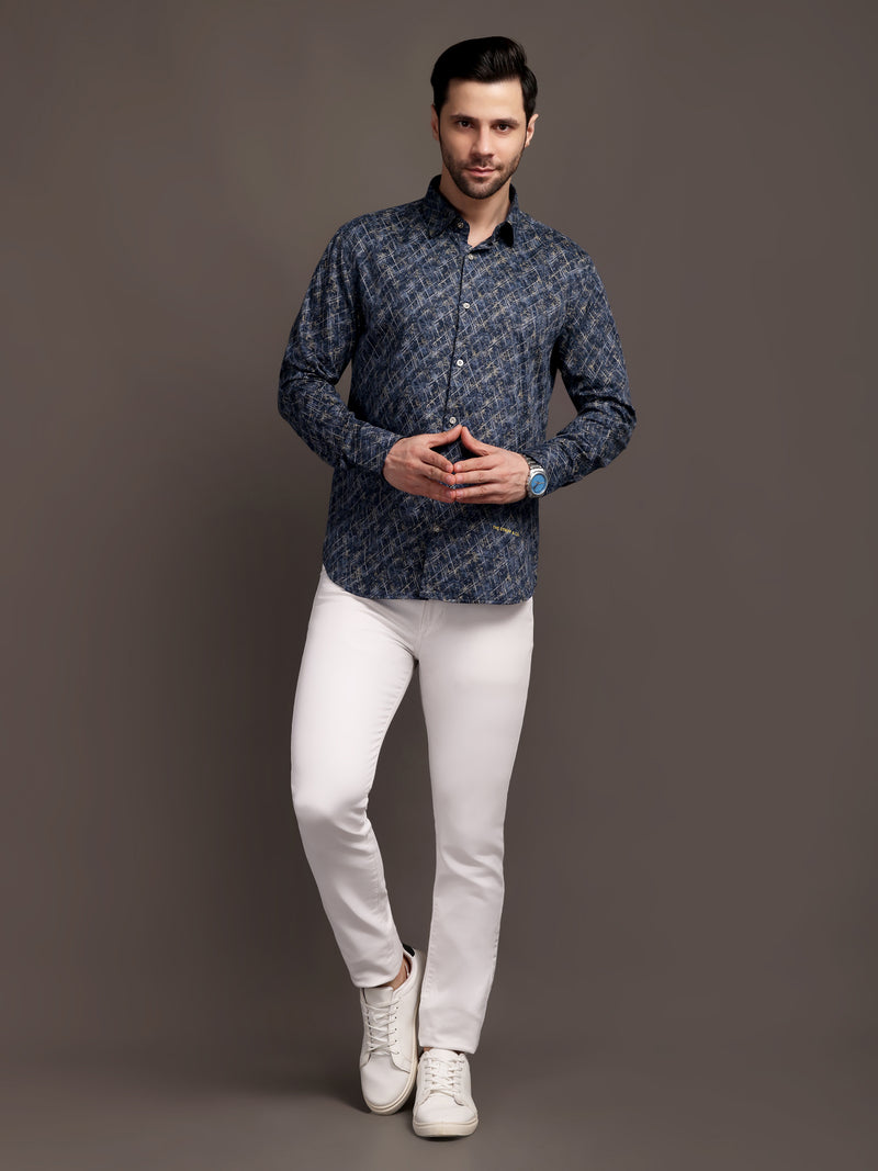 Meta Blue Printed Bulgari Satin Discharge Shirt with Metal Button - Premium