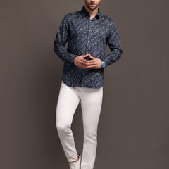Meta Blue Printed Bulgari Satin Discharge Shirt with Metal Button - Premium