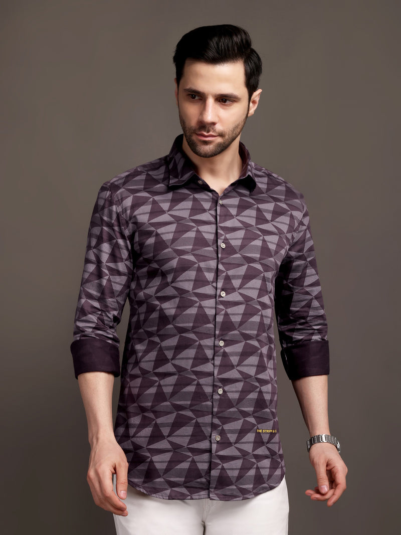 Burgundy Strippes Bulgari Satin Discharge Shirt with Metal Button - Premium