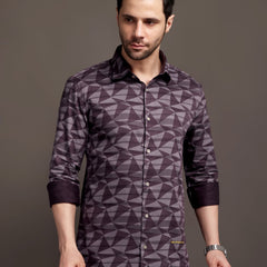 Burgundy Strippes Bulgari Satin Discharge Shirt with Metal Button - Premium