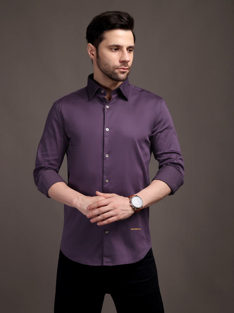 Violet/Lavendour Plain Poly Satin Lycra Shirt with Silver Metal Button - Premium, Unbreakable button