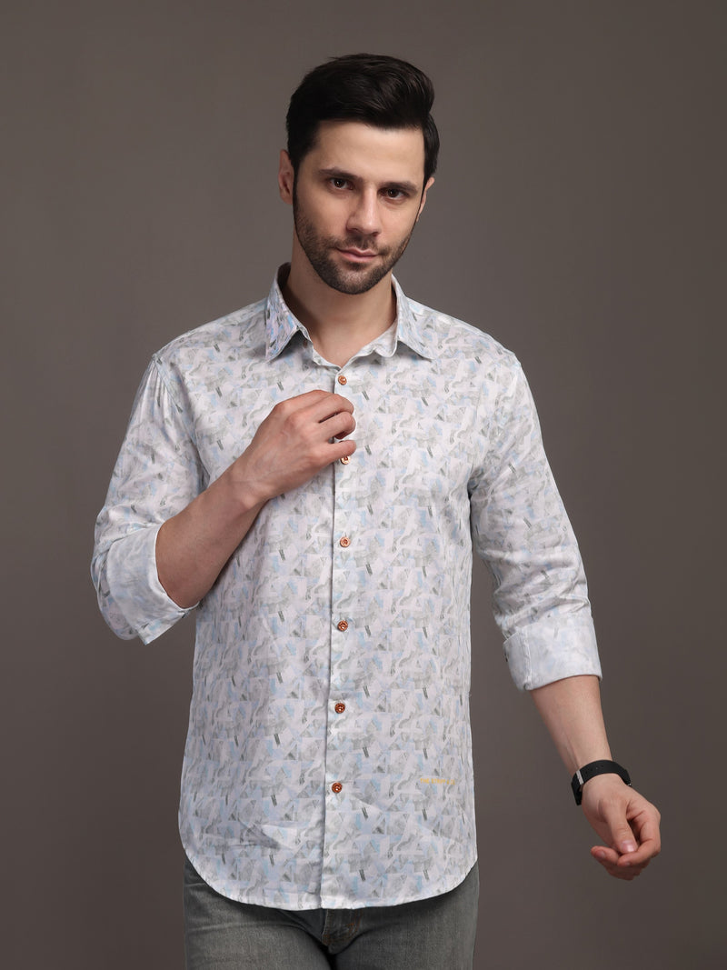 Whitish Blue Printed Bulgari Satin Discharge Shirt with Copper Metal Button - Premium, Unbreakable button