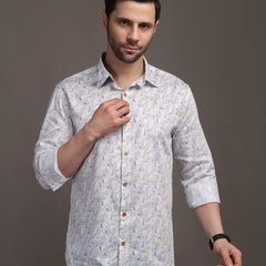 Whitish Blue Printed Bulgari Satin Discharge Shirt with Copper Metal Button - Premium, Unbreakable button