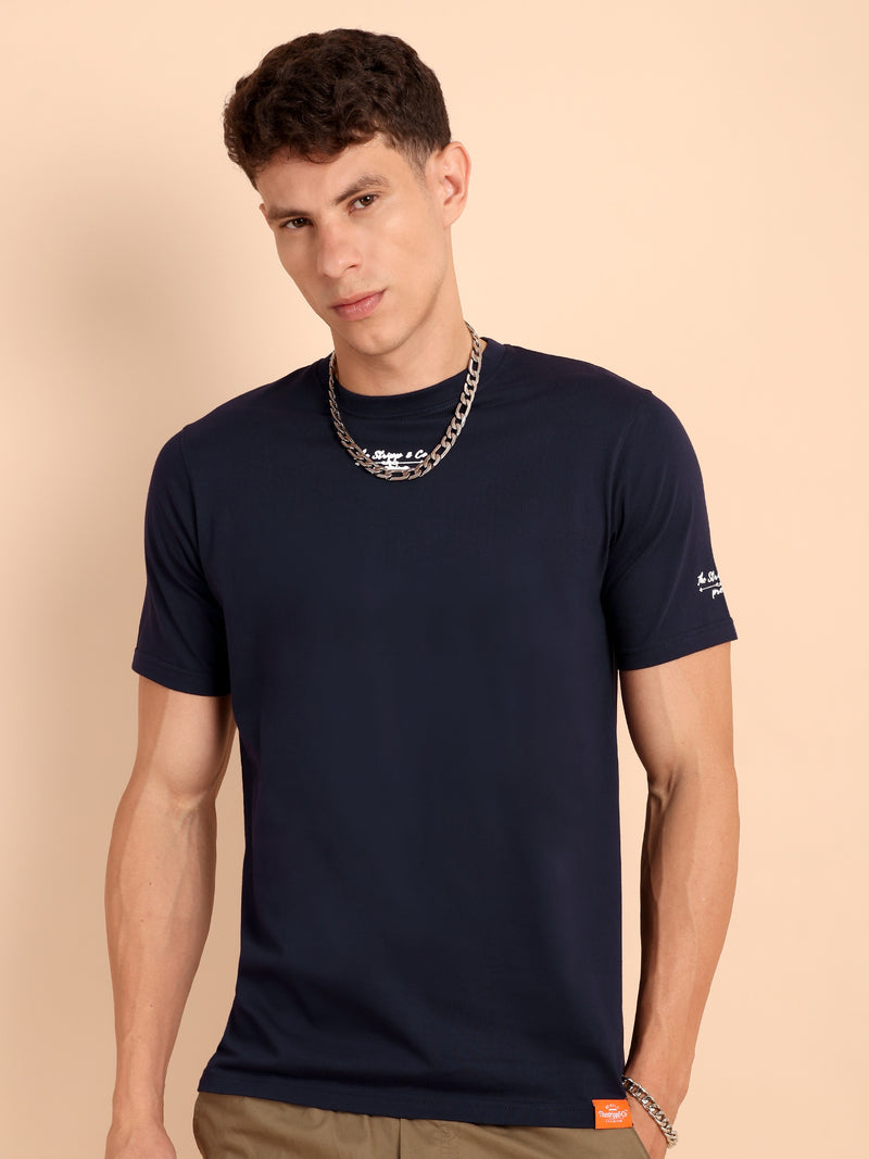 NAVY BLUE, IMPORTED COTTON BIO WASHED-FEEL SOFT CREW NECK T SHIRT