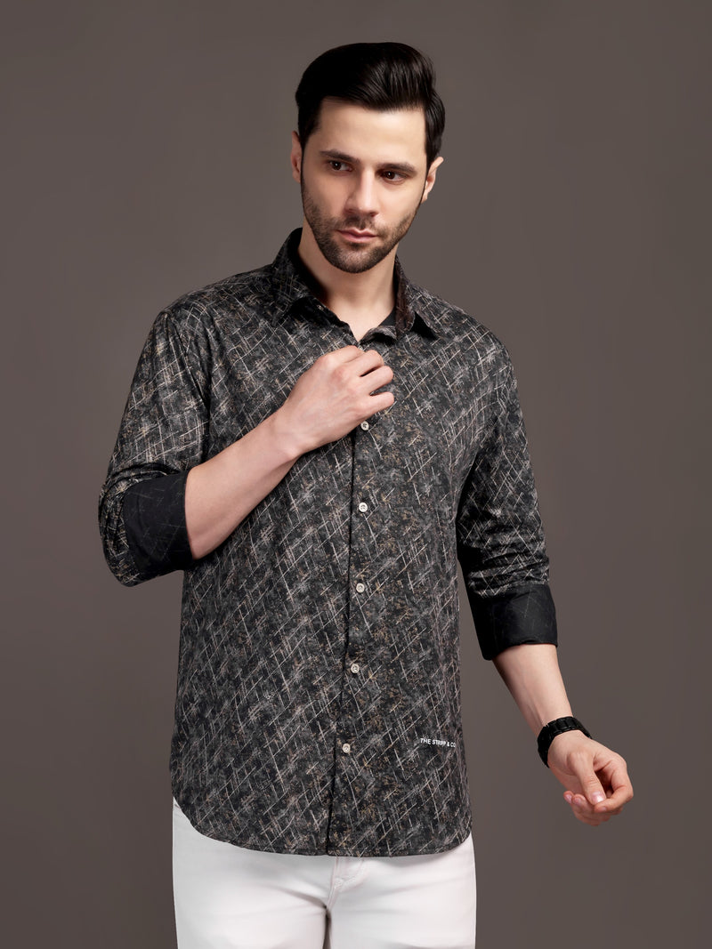 Metal Black Printed Bulgari Satin Discharge Shirt with Metal Button - Premium
